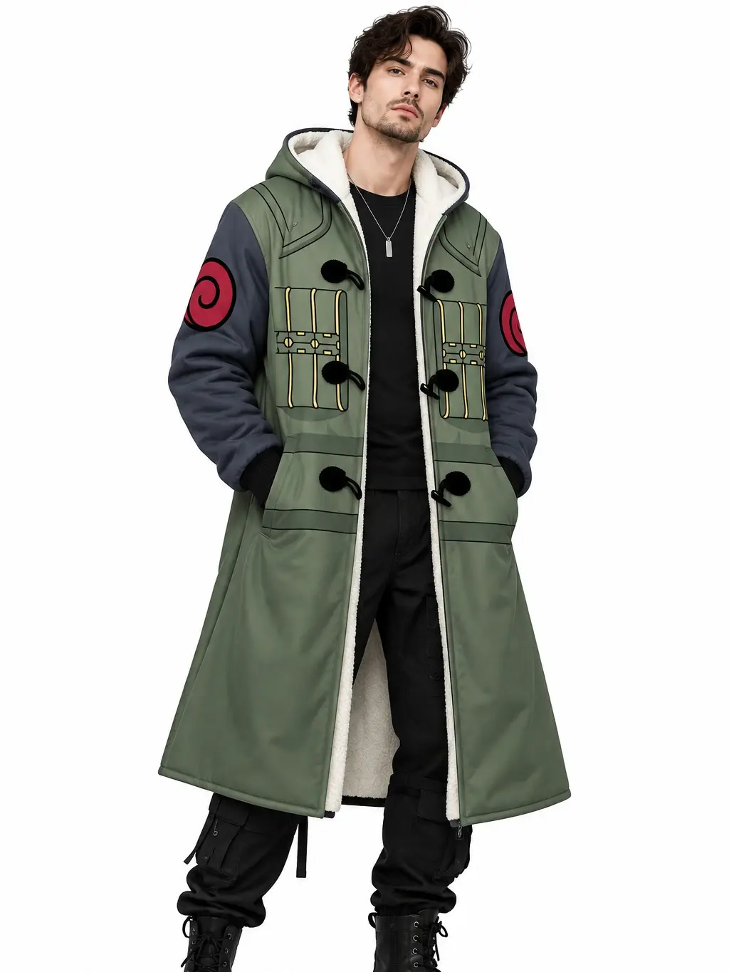 Naruto Kakashi Ninja Hooded Cloak Coat, Anime Cosplay Fleece Lined Long Jacket, Unisex Winter Outerwear, Gift for Men and Women