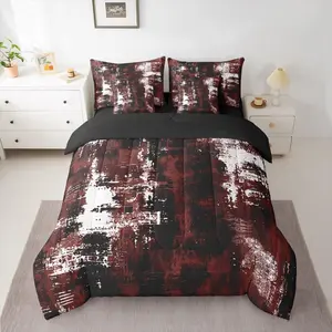 Abstract Comforter Set with Sheets 7 Piece Modern Abstract Art Bed in a Bag Kids Boys Girls Black Wine Bedding Set Luxury Bedroom Decor Geometric Breathable Soft Microfiber