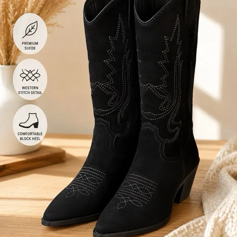 Black Suede Western Cowboy Boots for Women