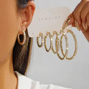 3 Pairs Rhinestone Hoop Earrings Set for Women, Sparkly Crystal Round Hoops 3-5 cm Sizes, Lightweight Large Statement Jewelry for Party Wedding Prom Night Date Outfit Accessories Gift wide daily wear