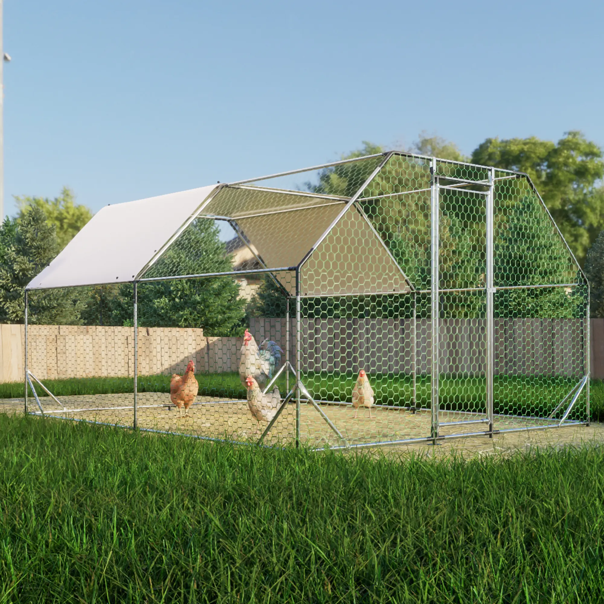 DOMISO Metal Large Chicken Coop, 10 x 13 FT Duck House, Rabbit Outdoor House, Walk-in Poultry Cage Run Flat Shaped with Waterproof Cover