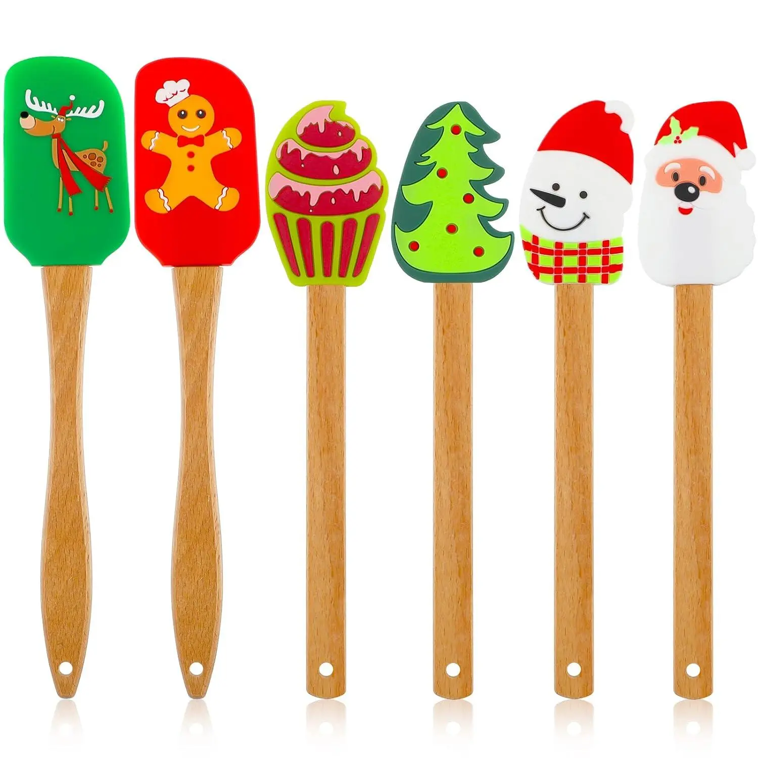 6 Pieces Christmas Silicone Spatula Xmas Cake Spatula With Wooden Handle Snowmen Pancake Spatula Cute Pan Scraper Xmas Dish Scraper Cooking Spatulas For Kitchen Mixing Cooking Baking (Cute Style)