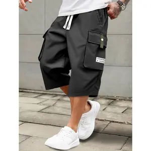 HIDKAT Menswear Men's Black Summer Casual Cargo Shorts - Elastic Drawstring Mid Waist, Multiple Pockets, Letter Patch, Digital Print, Retro Chic, Regular Fit, Non-Stretch Nontransparent Fabric, for Daily Wear & Leisure