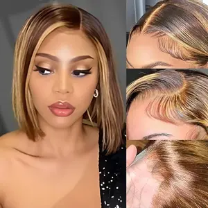13x4 HD Lace Front  Human Hair Wigs  4/27 Honey Blonde Highlight Ombre Bob Wig Human Hair Highlight Ombre Pre Plucked 180 Density Short Bob Wigs for Women Glueless 10 Inch
