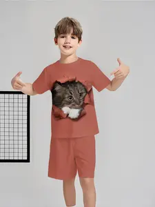 Brick red ripped 3D cat style two-piece short-sleeve shorts set, 100% polyester casual loose fit set, summer fun printed pattern, outdoor sports T-shirt set, perfect gift for boys