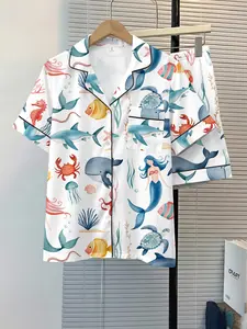 Women's Sleepwear 2-Piece Set, Pajama Set, Ocean Animal Pattern, Comfortable Night Home Wear, Fashion Soft Fabric, Casual Daily Use
