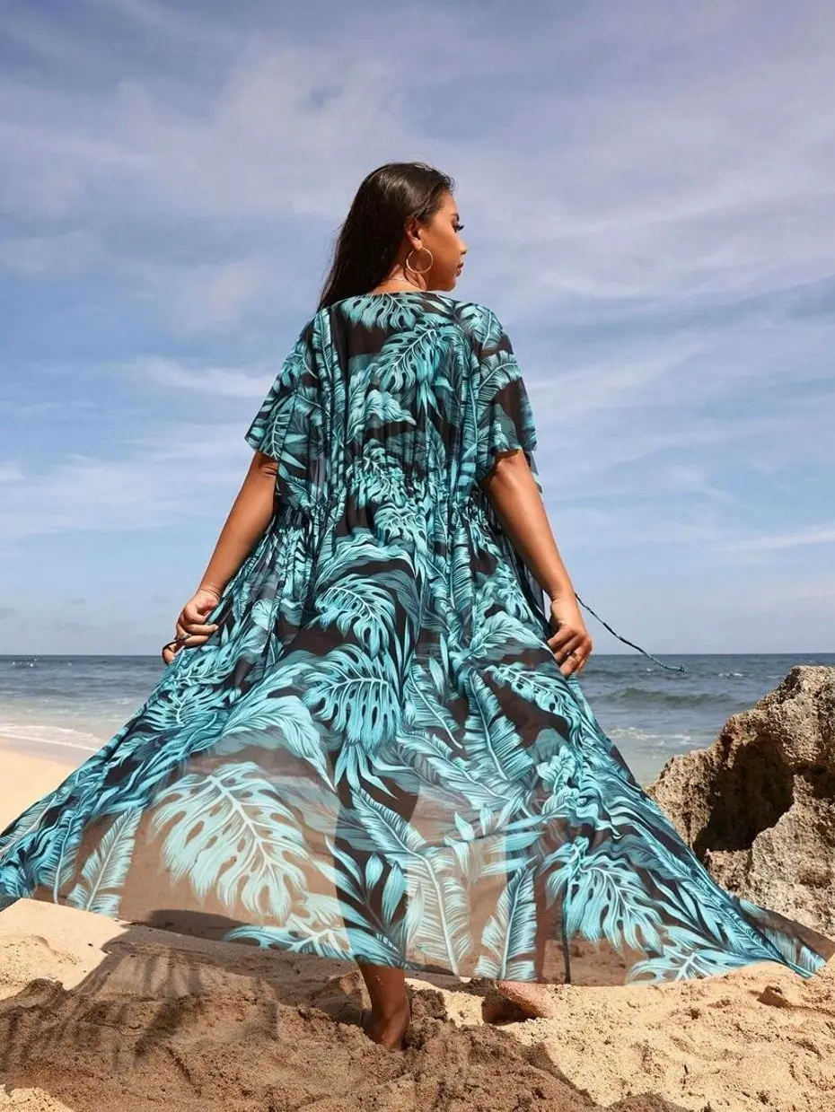 Plus Size Tropical Floral Print Kimono Robe, Lightweight Open Front Cover Up For Summer Beach