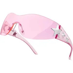 Rimless Y2K Sunglasses Star Wrap Around Glasses 2000S Accessories for Women Men Trendy Fashion Cool Shield Shades