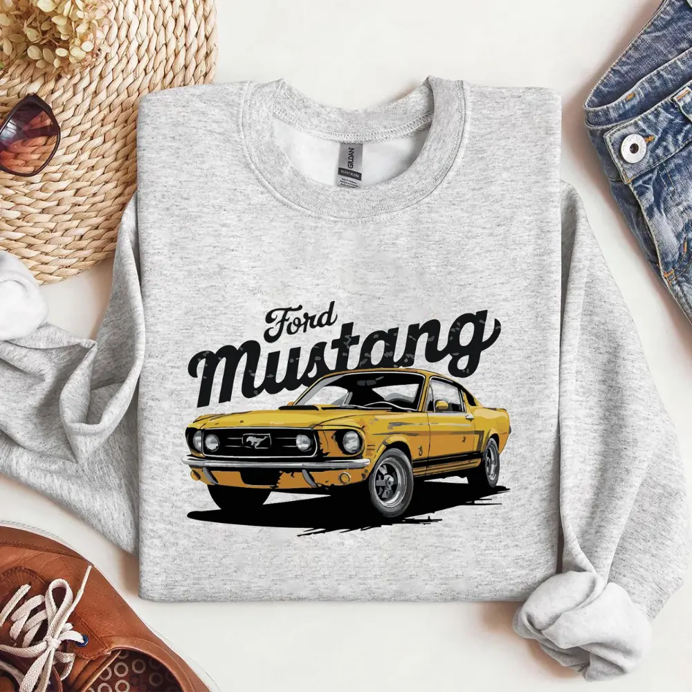 Ford Mustang Vintage Car Sweatshirt – Classic Muscle Car Graphic Pullover, Retro American Auto Crewneck for Men