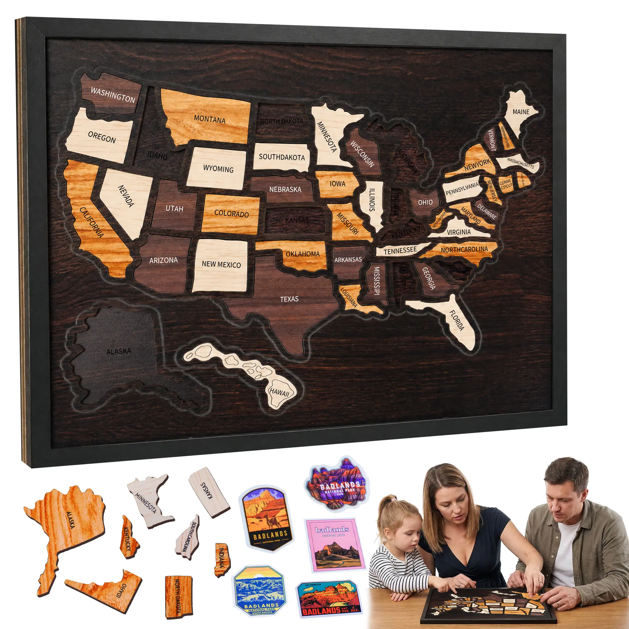 Wooden USA Travel Map Puzzle, Push Pin Journey Tracker for Wall, Hanging Home Decor with Frame & Stand Holder, Travel Memory Board, Decorative Gift for Dad, Father Son, Graduation, Housewarming