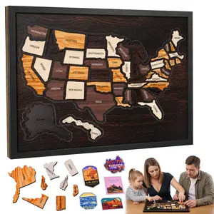 Wooden USA Travel Map Puzzle, Push Pin Journey Tracker for Wall, Hanging Home Decor with Frame & Stand Holder, Travel Memory Board, Decorative Gift for Dad, Father Son, Graduation, Housewarming