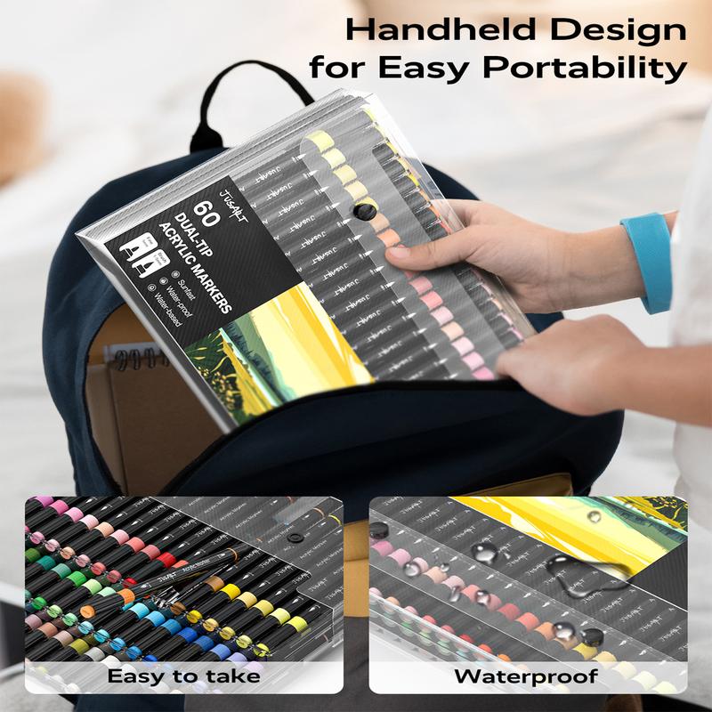 [JusArt] 60/36/24 Colors Dual Tip Acrylic Paint Pens Markers, Brush and Fine Tip, Premium Paint Pens for Various Surfaces, Acrylic Paint Markers, Markers for Coloring, Art Supplies, Acrylic Marker, Coloring Supplies