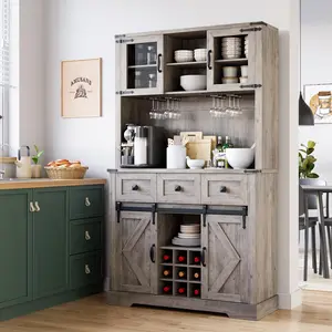 72 in Rustic Grey Farmhouse Bar Cabinet with Sliding Barn Door, Tall Kitchen Buffet with Solid Base, Space-Saver Storage Hutch and 3 Drawers, Coffee Wine Bar Sideboard with Wine & Glasses Rack, for Living Room