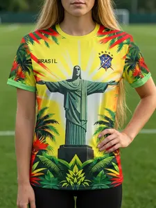 Women's Loose Fit Brazil Christ the Redeemer Soccer Jersey, Tropical Print World Cup Tee, Breathable Athletic Streetwear