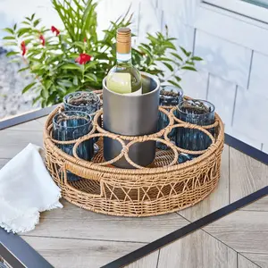 Large Rattan Beverage Tray, Woven Serving Carrier for Drinks and Glasses, Patio & Indoor Use