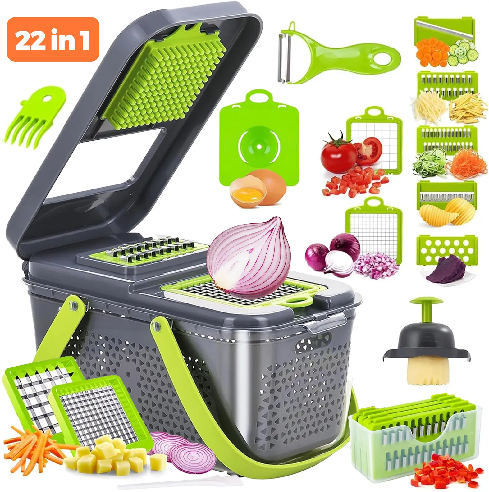 22in1 Sturdy Multifunctional Durable Vegetable Chopper with Container, Fast Cutting MachineGarlic ,Onion Potato Cutting Machine Slicer, Kitchen Utensi