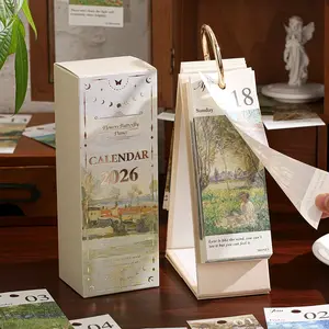 2026 Desk Calendar With Gold Ring Binding - 365 Days Vintage Oil Painting & Inspirational Quotes - One-Way Page Turn Daily Planner - Perfect For Office, School & Home Organization - Tear Off Calendar