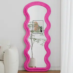 Full Length Mirror, Wavy Floor Mirror, Arched Standing Mirrors Full Length, Cloud Shaped Flannel Wall Mirror, Dressing Body Mirrors Hanging or Leaning Against Wall for Bedroom (Pink)
