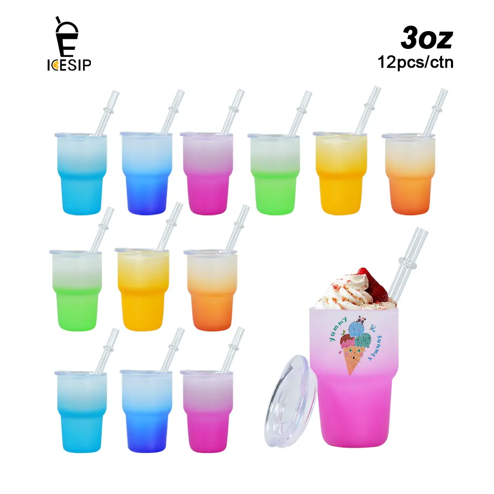 Icesip 12pcs 3oz Portable Colorful Gradient Frosted Glass Mini Shot Cups - Reusable Sublimation Blank Base Tumblers with Straws & Lids, Coffee Glasses, Drinking Glassware, Birthday Party Gift Set, Stylish
