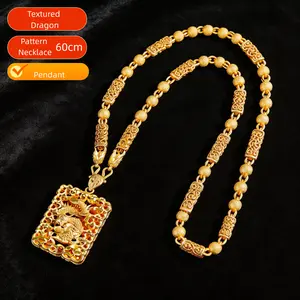 Gold-plated fashion dragon totem pendant necklace for men, lucky charm;60CM men's Chinese religious protective jade ornament, auspicious jade pendant amulet, feng shui jewelry.