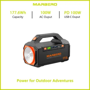 MARBERO 177.6Wh Portable Power Station with AC 100W Outlet (150W Surge) 4 Output Ports PD 100W Fast Charging USB-C Built-in High-lumens Flashlight for Hiking Camping Essentials Power Outage