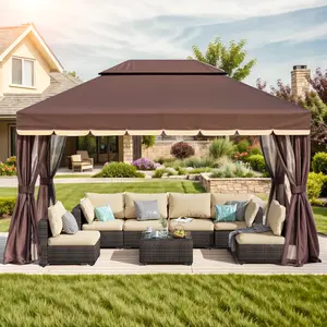 Grezone 10x13 Outdoor Gazebo with Mosquito Netting & Curtains,Double Tier Roof Round Leg Marquee Canopy Shelter for Garden,Deck,Backyard,Lawn Patio Parasol