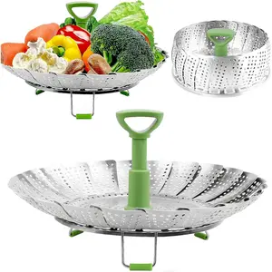 Vegetable Steamer Basket for Cooking , Stainless Steel Veggie Steam Basket for Pot, Folding Expandable Steaming Insert with Extendable Handle Fits Various Size Pot, 5.1" to 9"