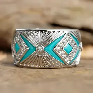 Bohemian White Zirconia Blue Enamel Wedding Rings - Vintage Silvery Color, Zinc Alloy, Intricate Geometric Design, Perfect for Engagement & Daily Wear, Valentine'S Day Gift, Wedding Jewelry for Women, Genuine Pearl Rings for Women, Ring Jewelry