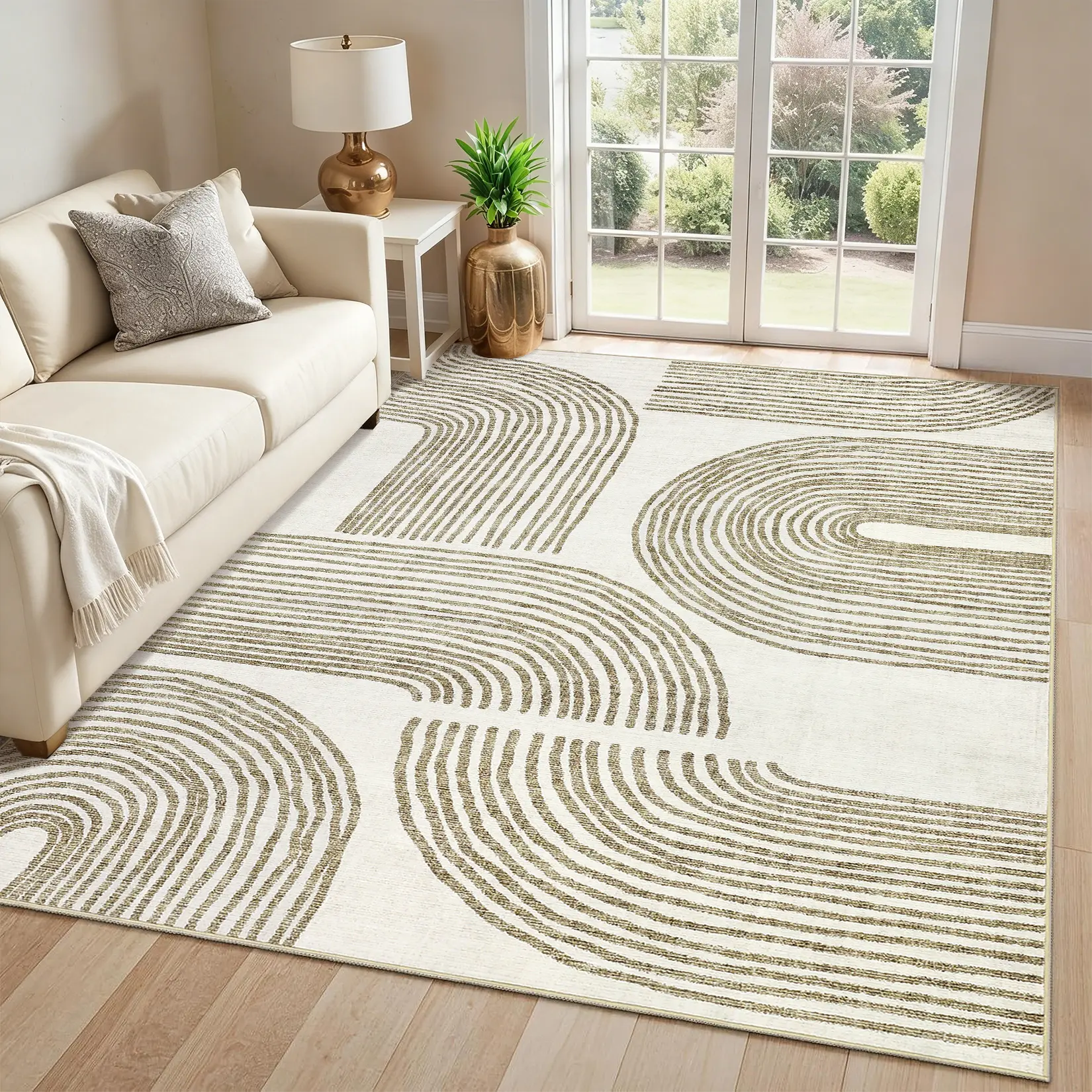 Modern Printed Carpet Washable Area Rug Soft Non-slip Geometric Line Carpet Low Pile Foldable Interior Decorative Carpet for Bedroom Dining Room Office Laundry Room Corridor