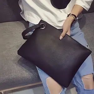 Women's Black Leather Clutch - Fashion Envelope Design, with Wrist Strap, Zipper Closure, Suitable for Evening Wear and Daily Use