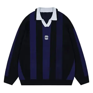 Bakyarder Vintage Polo Sweater Striped Oversized Colorblock Pullover Retro Long Sleeve Knit Top