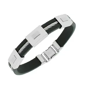 Men's Twisted Cable Bracelet - Stainless Steel, Black Rubber, Silver-Tone Silicone Fashion Costume Jewelry Accessory, Ma