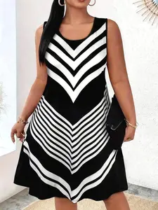 Women's Sleeveless Chevron Print Mini Dress, Casual A-Line Sundress with Round Neck, Flowy Beach Vacation Dress