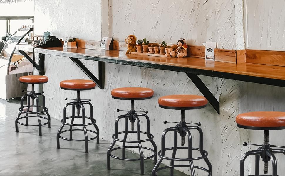 Yaheetech Industrial Bar Stool Vintage Counter Height Stool with Round Faux Leather Seat Adjustable Kitchen Stool 21.5-28 Inch Tall, 1PC