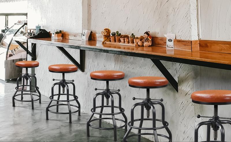 Yaheetech Industrial Bar Stool Vintage Counter Height Stool with Round Faux Leather Seat Adjustable Kitchen Stool 21.5-28 Inch Tall, 1PC