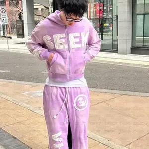 Men Women Clothing Autumn Winter Vintage High Street Letter Sticker Embroidery Casual Loose Hoodie Coat Straight Leg Pants