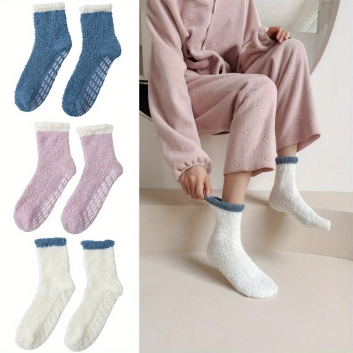 3 Pairs Low Cut Non Slip Hospital Socks with Grips for Women Grip Slipper Soft Warm Fabric Fluffy  Socks for Women Gifts, Outdoor Sports Socks Womenswear Athletic Dot Fuzzy