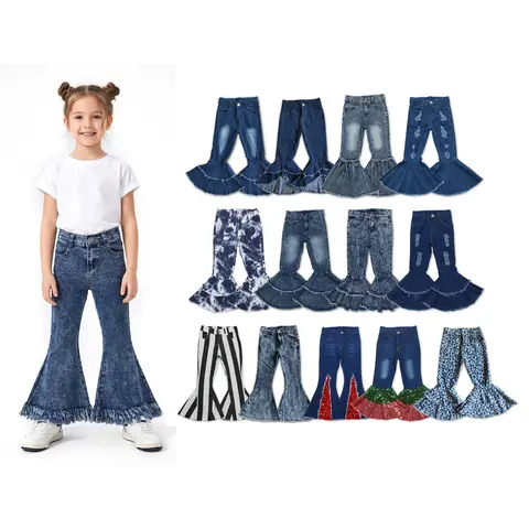 Toddler Girls' Blue Jean Bell-Bottom Pants - Casual Mid-Waist, Trendy Fringe Tassel Hem, Full-Length, Machine Washable, All-Seasons Basic (12-18M, 2T, 4T, True Size)