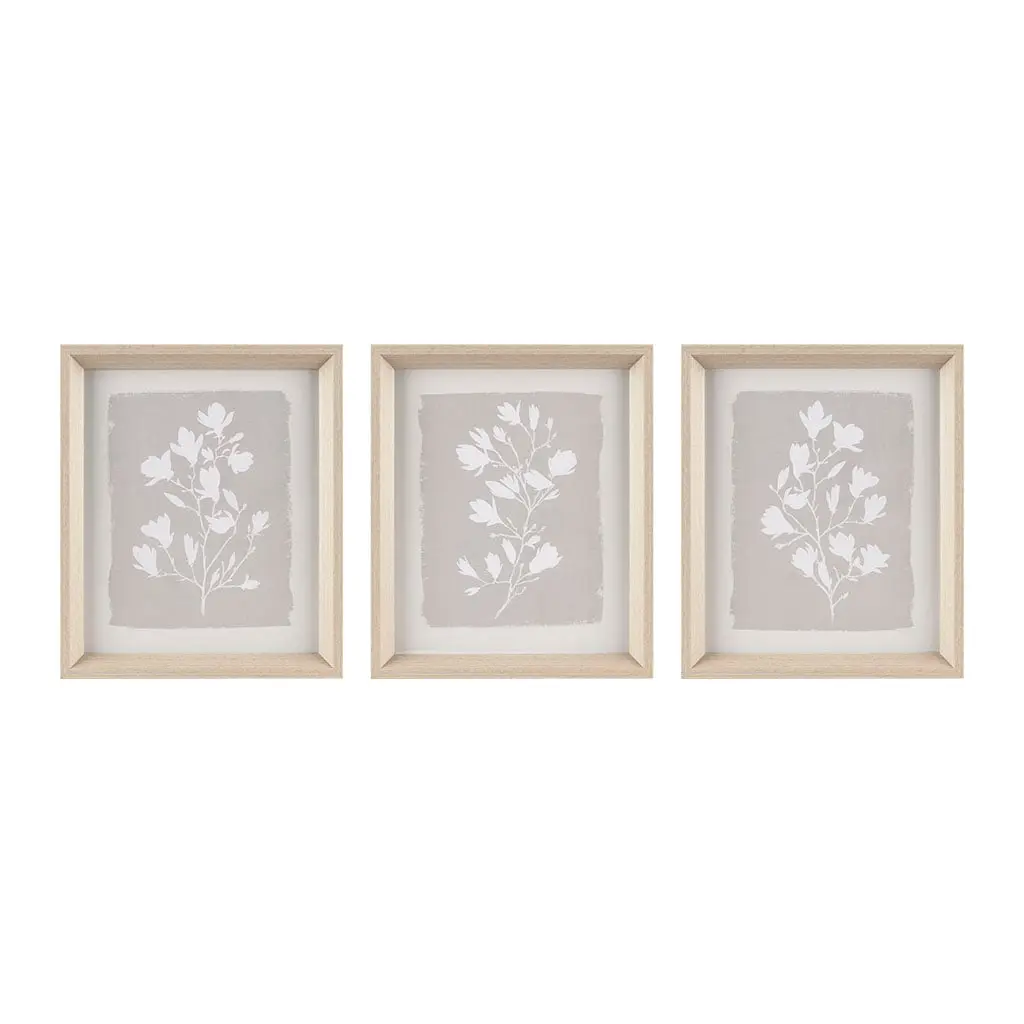 3-Piece Framed Wall Arts Set, Fair Florets Floral Botanical Print Glass Wall Decoration, 12x14x1.5in Beige Wood Frame with Hanging Hanger, Home Decor Posters & Prints