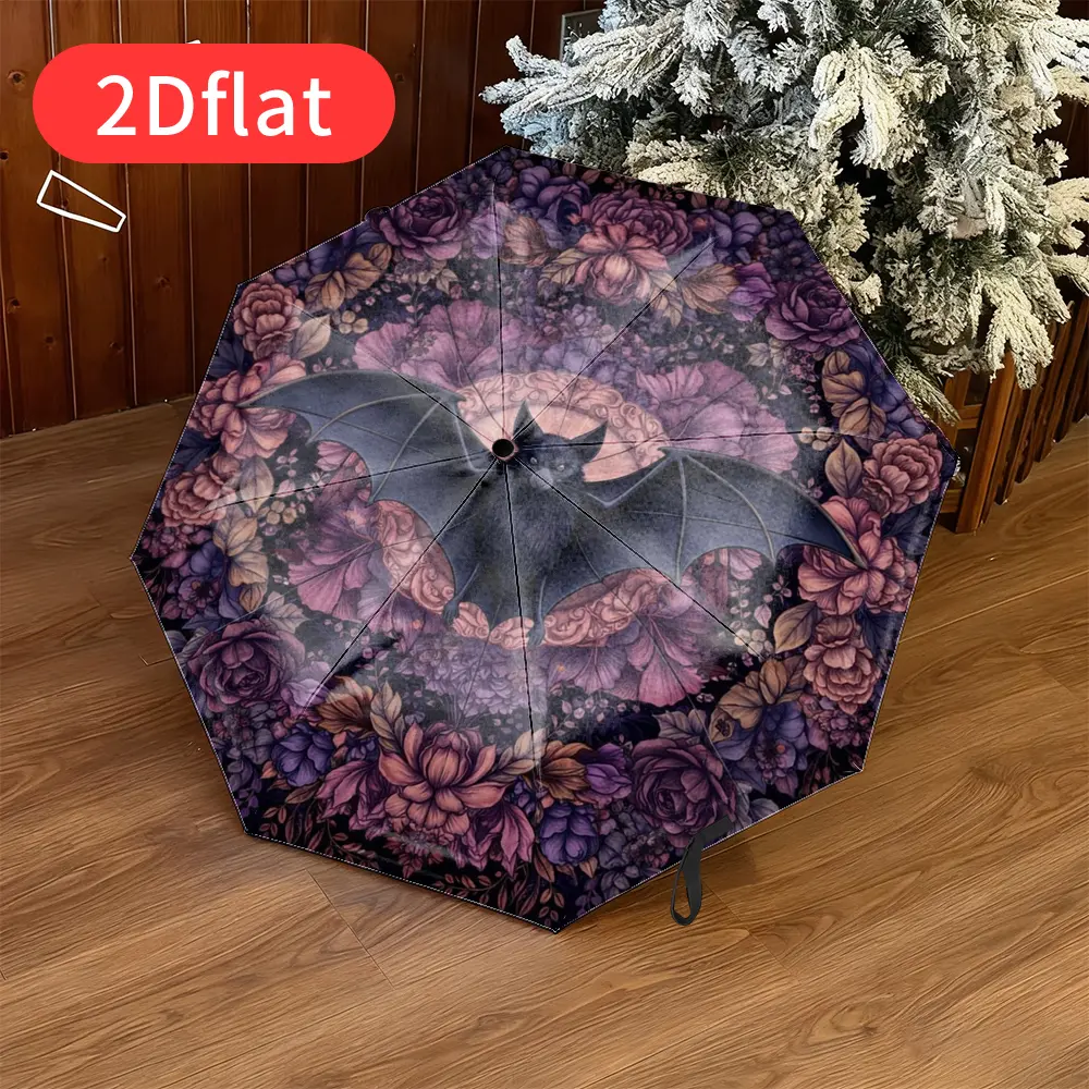 A Halloween folding umbrella featuring an adorable black bat design against a vibrant purple floral background. This 2D printed compact umbrella boasts a durable canopy made of sturdy plastic and metal, perfect for