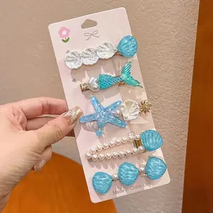 5-Piece Mermaid Starfish Shell Hair Clips Set, Ocean Theme, Colorful Design with Mermaid Tail, Starfish, Shell, Pearl, Cute Hair Accessories
