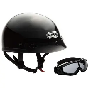DOT FMVSS 218 Approved Half Open Face Motorcycle Cruiser Classic Helmet - Large (55 to 61 cm), Comfortable and Secure Fit, No Extra Cost Goggles Included (Glossy Black)