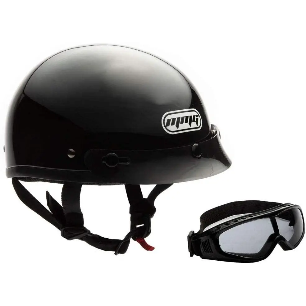 Unisex Classic Retro Half-Face Motorcycle Cruiser Helmet - DOT FMVSS 218 Approved, Large (55-61 cm), Lightweight EPS Foam, Adjustable Strap, Impact Safe, Not Synthetic, Comfortable Secure Fit, Free Goggles (Glossy Black)