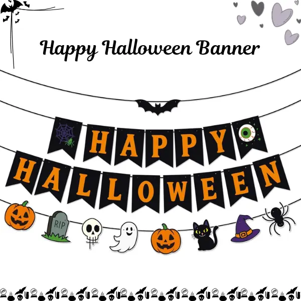 Happy Halloween Banner Garland, Black & Orange Hanging Decorations with Pumpkin, Ghost, Skull, Bat, Spider, Cat & Witch Hat, Halloween Party Decor for Home, Classroom, Wall, Fireplace & Photo Booth