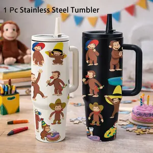 1 pc 40oz Cute Cartoon Monkey Print Tumbler with Handle & Straw, Insulated Stainless Steel Water Bottle for boys & girls, Large Capacity Leakproof Travel Mug, Funny Gift Cup, Keeps Cold 24H Hot 12H