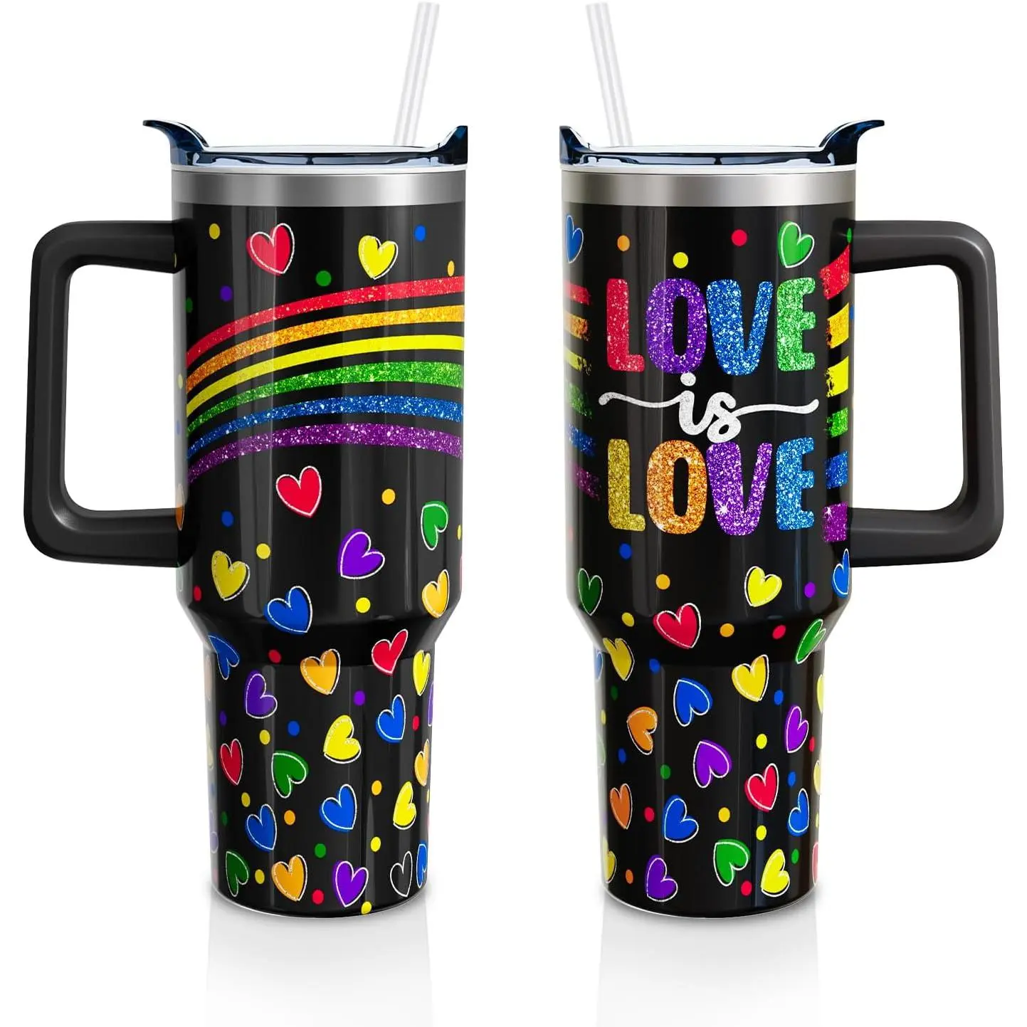 40 Oz Vacuum Insulated Leak Proof Tumbler - Stainless Steel Drink Flask with Handle, Straw, Lid, Rainbow Heart LGBT Pride Aesthetic for Women, Ideal Birthday Gift (1PC, Indoor Use)