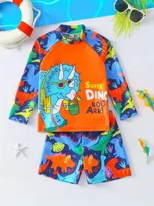 Dinosaur Two-Piece Long Sleeve Swimsuit, Cute Cartoon Quick-Dry Swimwear, Boys Baby Vacation Swim Set, Casual Style