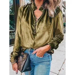 Olive Green Velvet Ruffle Stand Collar Pullover Shirt with Long Flounce Sleeves & Button Half-Open Placket for Autumn Winter Casual Women's Top Blouses Loose Fit