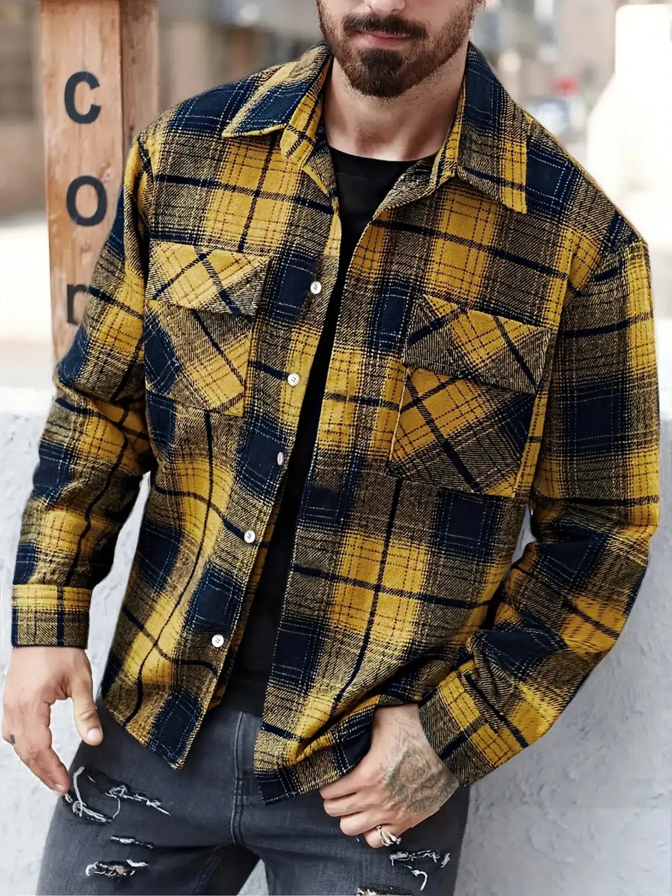 Men's Plaid Checked Button Front Shirt Jacket, Long Sleeve, Comfortable Woven Fabric, Classic Collar Design, Fitted Casual Style, Spring & Fall Wear