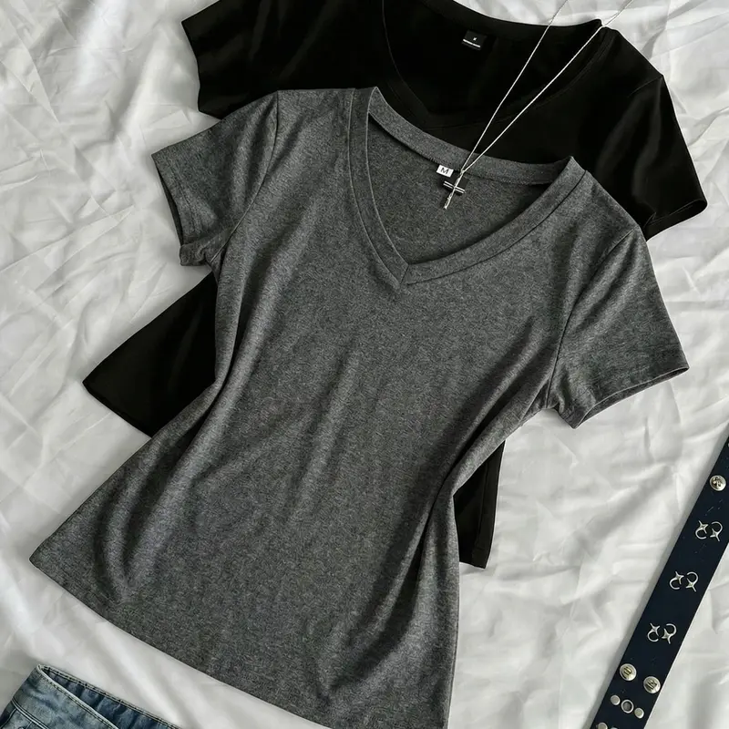 2026 Viral 2 Pack V Neck T-Shirts for Women, Womenswear, Slim Fit Comfy Basic Casual Short Sleeve Tees, Solid Color Simple Versatile Tops for Daily, Everyday Streetwear, Lightweight Breathable Basic Tee for Women Summer Casual Outfits
